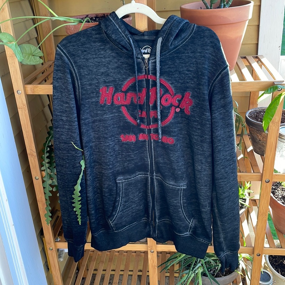 🎸 Hard Rock Cafe San Antonio Burnout Zip Hoodie Y2K Black Red Medium